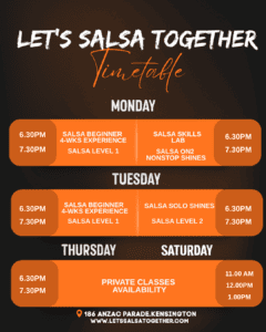 Let’s Salsa Together weekly salsa class timetable in Kensington, Sydney, with beginner, intermediate, Salsa Lab and solo salsa classes.